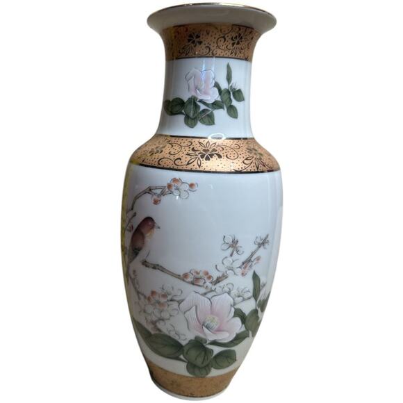 Vntg Ivory Gold Yamaji Japanese Porcelain Vase Vase Bird & Magnolia Motif 10.5"H - Picture 1 of 4